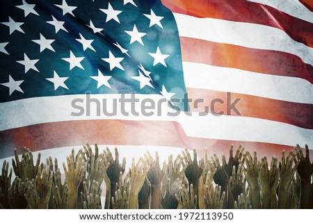 Diversity hands of people gathering in unity with United States national flag background