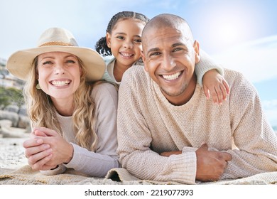 Diversity, Happy Family And Travel Vacation Relax Together Bonding On Beach. Portrait Of Mother, Father And Child Happiness Smile, Calm And Outdoor Summer Sunshine On Ocean Sand Holiday Lifestyle