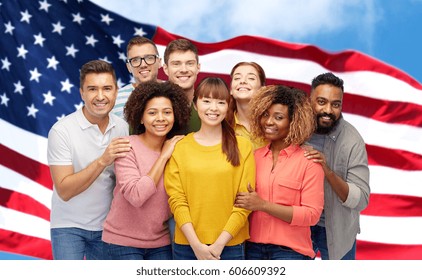 diversity, immigration, friendship and people concept - international group of happy smiling men and women over american flag background