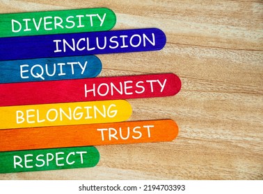 Diversity, inclusion, equality, honesty, belonging, trust and respect text on colorful wooden stick - Business culture concept - Shutterstock ID 2194703393