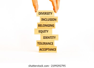 Diversity, inclusion symbol. Diversity belonging inclusion equity identity tolerance acceptance words written on wooden block. Beautiful white background. Diversity, inclusion and belonging concept. - Shutterstock ID 2199292795
