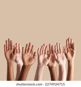 Diversity mockup, reaching and group of hands on studio background for question, asking and vote. Teamwork, support and open palms of people raised for volunteering, voting and opinion on copy space - Powered by Shutterstock