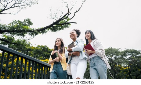 Diversity Multi Ethnic Woman Student Holding Books And Looking At Natural Outdoors At Park. Prepare For College And University Concept.Informal National Education .looking For Scholarship Opportunity.