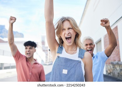 Diversity, People And Protest Shouting In The City With Fist And Arms In The Air For LGBTQ Justice Or Equality. Group Of Activists Walking In The Streets For Verbal, Voice And Opinion In South Africa