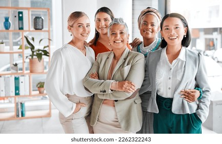 Diversity, portrait and business women with support, teamwork and group empowerment in office leadership. Career love and hug of asian, black woman and senior people or employees smile for solidarity - Powered by Shutterstock