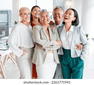 Diversity, portrait and professional women with teamwork, global success and group empowerment in office. Career love and hug of asian, black woman and senior business people or employees with smile - Powered by Shutterstock