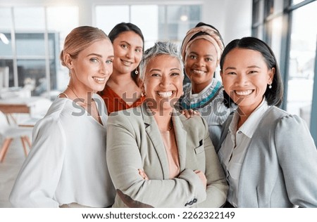 Photo of Diversity, portrait selfie and business women teamwork, global success or group empowerment in office leadership. Social media career of asian, black woman and senior people or staff profile picture