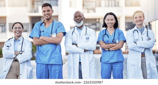 Diversity, proud and doctors portrait in healthcare service, hospital integrity and teamwork or leadership. Group of medical staff, nurses or professional employees, clinic mission or workforce goals - Powered by Shutterstock