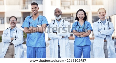 Diversity, proud and doctors portrait in healthcare service, hospital integrity and teamwork or leadership. Group of medical staff, nurses or professional employees, clinic mission or workforce goals