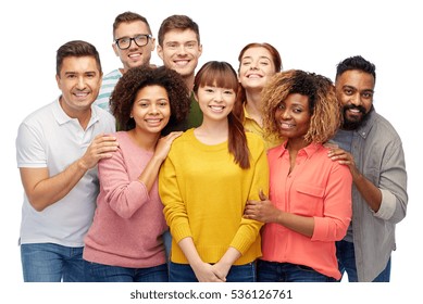 Diversity, Race, Ethnicity And People Concept - International Group Of Happy Smiling Men And Women Over White