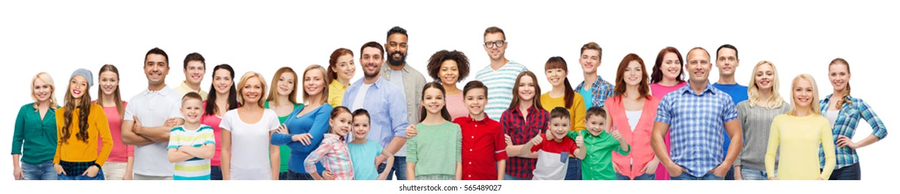 diversity, race, ethnicity and people concept - international group of happy smiling men and women over white background