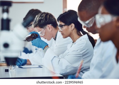Diversity, scientist and people in science exam, test or group project in experiment or assignment at laboratory. PHD students in scientific research, chemical or forensics with safety uniform in lab - Shutterstock ID 2239596965