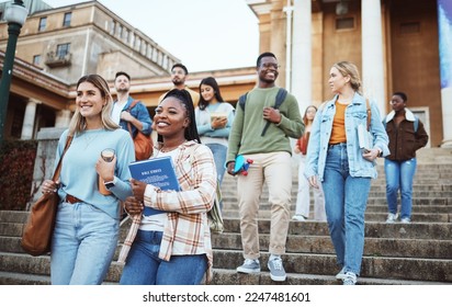 Diversity, students and walking on university steps, school stairs or college campus to morning class. Smile, happy people and bonding education friends in global scholarship opportunity or open day - Shutterstock ID 2247481601