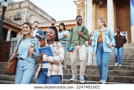 Diversity, students and walking on university steps, school stairs or college campus to morning class. Smile, happy people and bonding education friends in global scholarship opportunity or open day