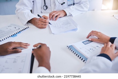 Diversity, Surgeons Or Doctor Hands Meeting, Planning And Collaboration With Medical Charts, Data And Patient Report In Hospital. Healthcare Team Consulting With Vision, Mission And Innovation Review