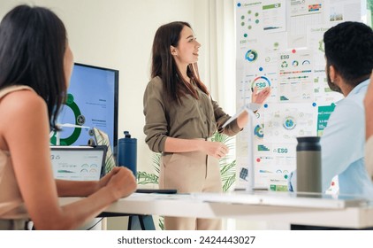 diversity team brainstorming  in ESG (environment,socail,governance)  sustainability business goals sdgs in green office - Powered by Shutterstock