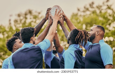 Diversity, team and men hands together in sports for support, motivation or goals outdoors. Sport group holding rugby ball in fitness, teamwork or success for match preparation or game - Powered by Shutterstock