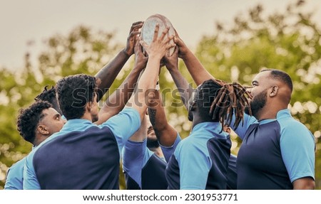 Diversity, team and men hands together in sports for support, motivation or goals outdoors. Sport group holding rugby ball in fitness, teamwork or success for match preparation or game