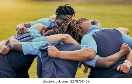 Diversity, team and men huddle in sports for support, motivation or goals outdoors. Man sport group and rugby scrum together for fitness, teamwork or success in collaboration before match or game - Powered by Shutterstock