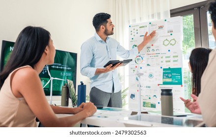 diversity team presentation  in ESG (environment,socail,governance)  sustainability business goals sdgs in green office - Powered by Shutterstock