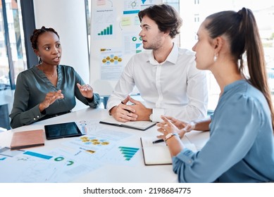 Diversity, Teamwork And Analytics Business People In Meeting For Communication Of Corporate Marketing Strategy, Data Review And Planning. Manager Talking Innovation Idea With Graph, Chart And Mission