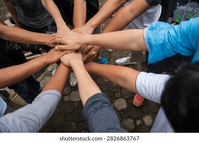 Diversity Teamwork hands stack together trust partner. Close up hands Diverse multiethnic Partners team together. Diversity people hands join empower partnership teams connect volunteer community.