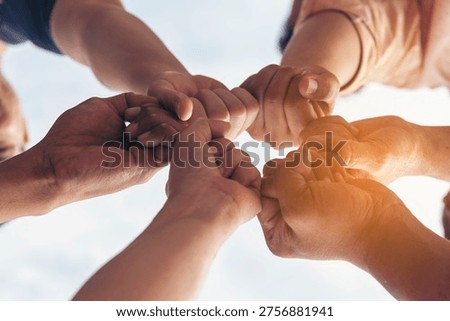 Diversity Teamwork hands stack together trust partner. Businesspeople handshake Leader Trust team handshake promise. MultiEthnics Teamwork high five hands stack shake hands together. Business partner
