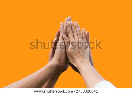Diversity Teamwork hands stack together trust partner. Businesspeople handshake Leader Trust team handshake promise. MultiEthnics Teamwork high five hands stack shake hands together. Business partner