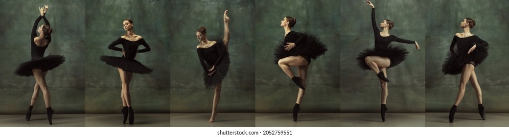 Diversity of temperament. Collage made of images one beautiful ballerina in black stage costume, tutu dancing isolated on dark vintage background. Concept of art, beauty, aspiration, creativity.