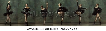Diversity of temperament. Collage made of images one beautiful ballerina in black stage costume, tutu dancing isolated on dark vintage background. Concept of art, beauty, aspiration, creativity.