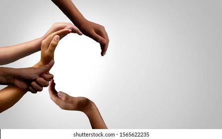 Diversity and unity partnership as a business startup and teamwork or togetherness concept with hands joined together in a group of diverse connected people.