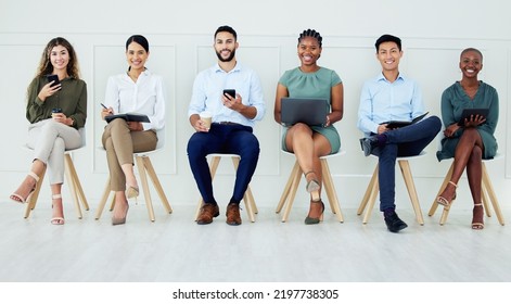 Diversity and ux web design team interview with technology waiting for recruitment or hiring team. Portrait of online webdesign people ready to recruit for a cyber, tech and digital work logo