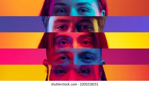 Diversity. Vertical composite image of close-up male and female eyes isolated on colored neon backgorund. Multicolored stripes. Concept of equality, unification of all nations, ages and interests - Shutterstock ID 2205218251