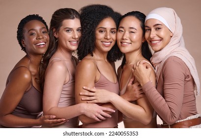 Diversity, women and body positivity for skincare, wellness and solidarity on brown studio background. Multiracial, females, portrait or ladies with smile, confidence or cosmetics for health or relax - Powered by Shutterstock