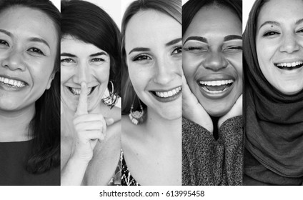 Diversity women smiling happiness expression collection collage