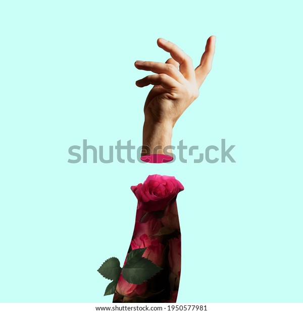 Divided blooming hand. Hands aesthetic on\
bright background, artwork. Concept of human relation, community,\
togetherness, symbolism, surrealism. Light and weightless touching\
unrecognizable