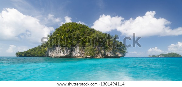 Divided landscape of small pacific island above and\
below water island 