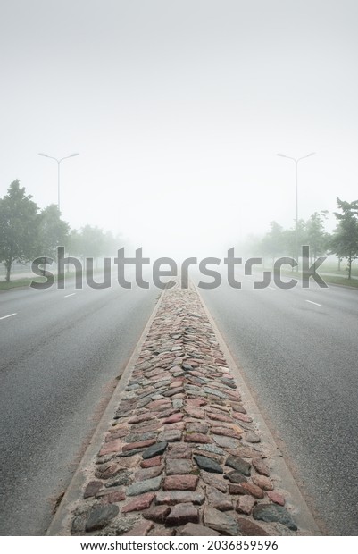 Divided new asphalt road (highway) in a fog.\
Cobblestone pedestrian walkway and alley of young green trees.\
Street lanterns, traffic lights. Cityscape. Landscaping, dangerous\
driving, safety\
concepts