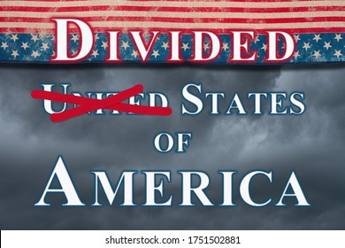 Divided United States Of America Type With Retro USA Stars And Stripes Burlap Ribbon And Stormy Sky