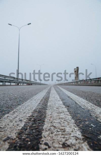 The\
dividing line on the road is white the view from below on the road\
paved going. Road markings on asphalt on the\
street.