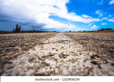 Dividing Line On Rough Surface Desolate Desert Road With Cactus And Blue Sky From Low Angle