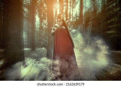 Divine Female Warrior Valkyrie Fights With A Sword In Her Hands In A Dense Forest Shrouded In Fog. Scandinavian Mythology. Epic Fantasy. 