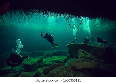 Diving In The Cenotes, Mexico, Dangerous Caves Diving On The Yucatan, Dark Cavern Landscape Underwater