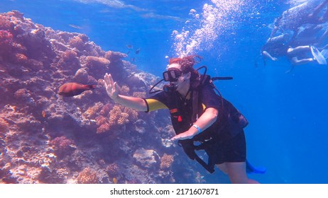 Diving In The Red Sea. A Girl In An Aqua Suit Swims Underwater And Reaches For The Fish With Her Hand. The Concept Of Tourism, Vacation, Dive, Underwater World, Advertising. High Quality Photo