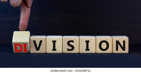 Division or vision symbol. Turned cubes and changed the concept word Division to Vision. Businessman hand. Beautiful grey table grey background. Business division or vision concept. Copy space. - Shutterstock ID 2141638711