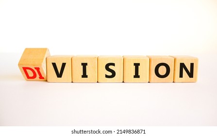 Division or vision symbol. Turned cubes and changed the concept word Division to Vision. Beautiful white table white background. Business division or vision concept. Copy space. - Shutterstock ID 2149836871
