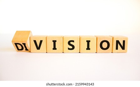 Division or vision symbol. Turned cubes and changed the concept word Division to Vision. Beautiful white table white background. Business division or vision concept. Copy space. - Shutterstock ID 2159943143