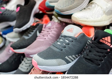 Divisoria, Manila, Philippines - Oct 2020: Closeup View Of A Selection Of Fake Adidas Shoes At A Store. Counterfeit Class A Items.