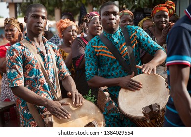 Korhogo/Côte d'Ivoire - 25. October 2017: traditional celebration ceremony with music, dancing and playing drums in a village in the north of the Ivory Coast