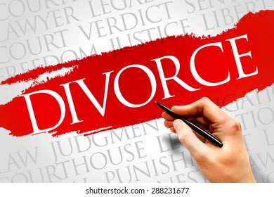 Divorce - canceling or reorganizing of the legal duties and responsibilities of marriage, word cloud concept background